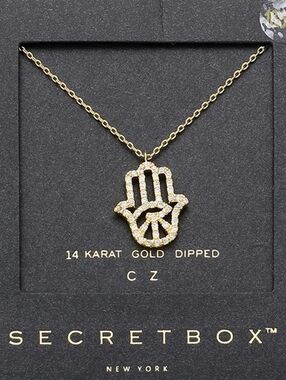 SECRET BOX_14K Gold Dipped CZ Hamsa Hand Evil Eye Pendant Necklace